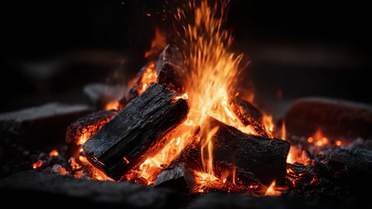 Affascinanti fiamme del falò danzano nella notte, proiettando bagliori caldi e irradiando gioia mentre le scintille volano dai ceppi carbonizzati nel cielo scuro soprastante