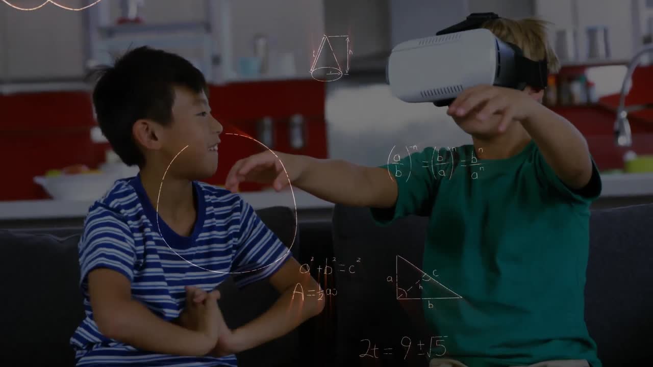 niño con un auricular de realidad virtual jugando con un amigo