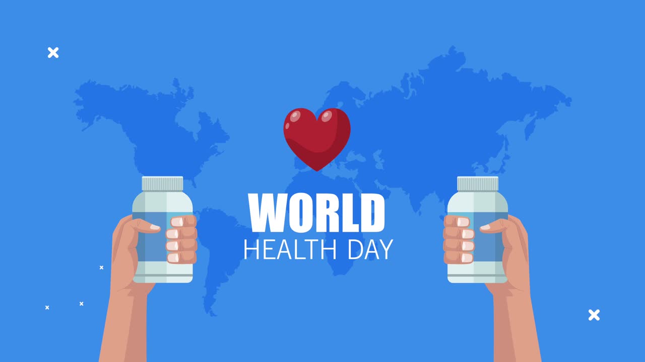 세계 건강의 날 손으로 글자를 쓰고 약병을 들어 올립니다.