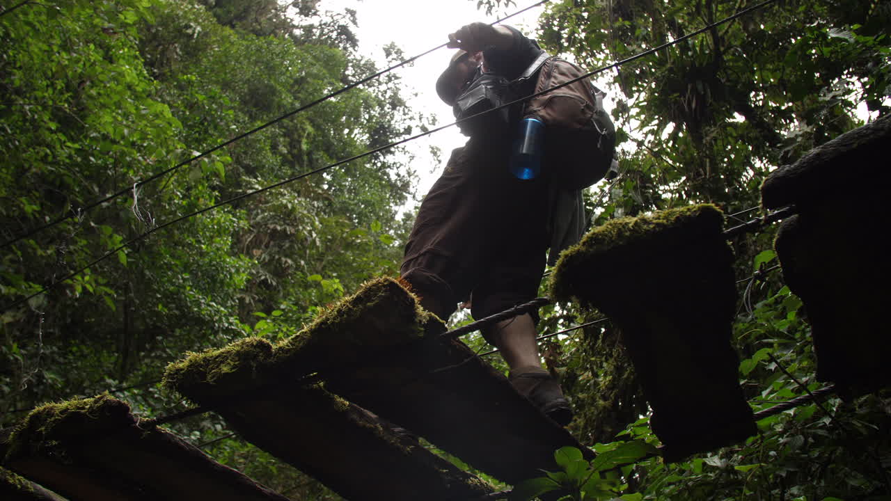 Old Mossy Bridge Camera Looking Up Tourist Walks over in Slow Motion
