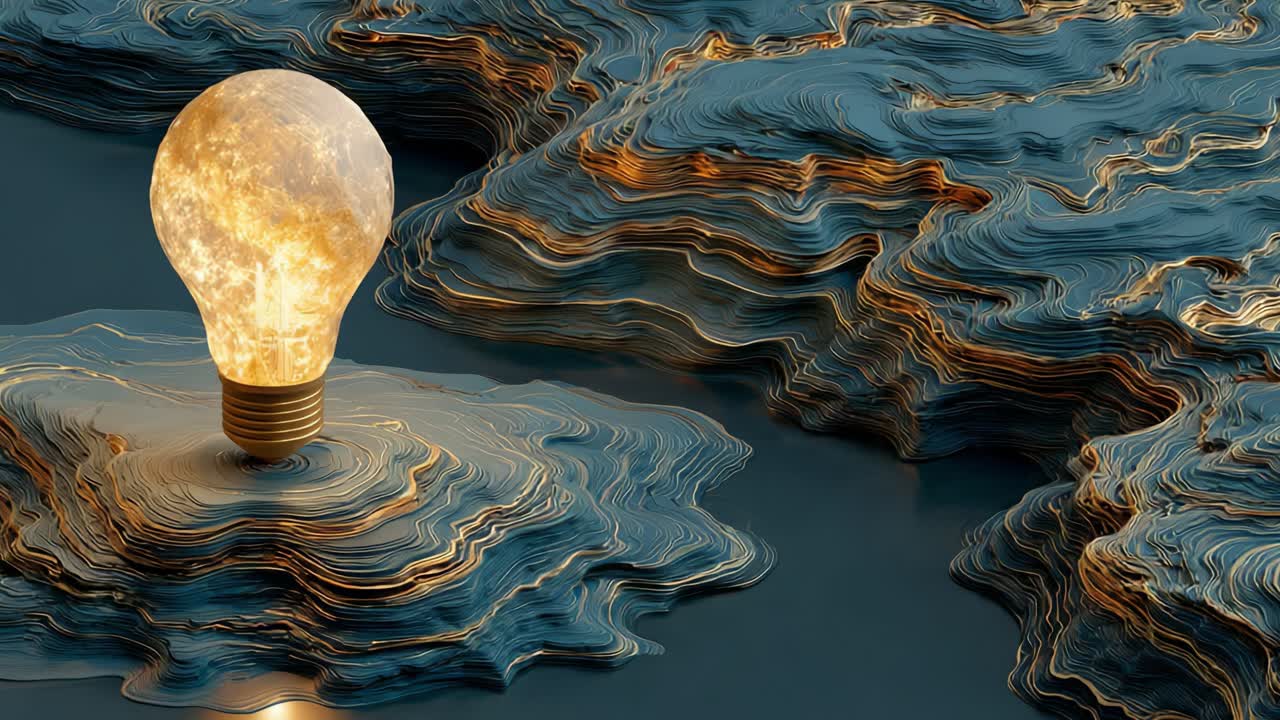 Bright incandescent lightbulb rolling across a surreal and abstract layered blue and gold landscape, representing the journey of an idea, innovation, creativity, and the power of thought