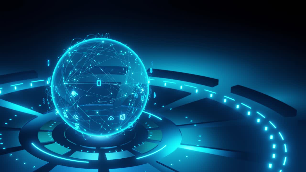 globe network technology background, on hud interface, blue coloured, wire network with icon, circle hud floor 3d