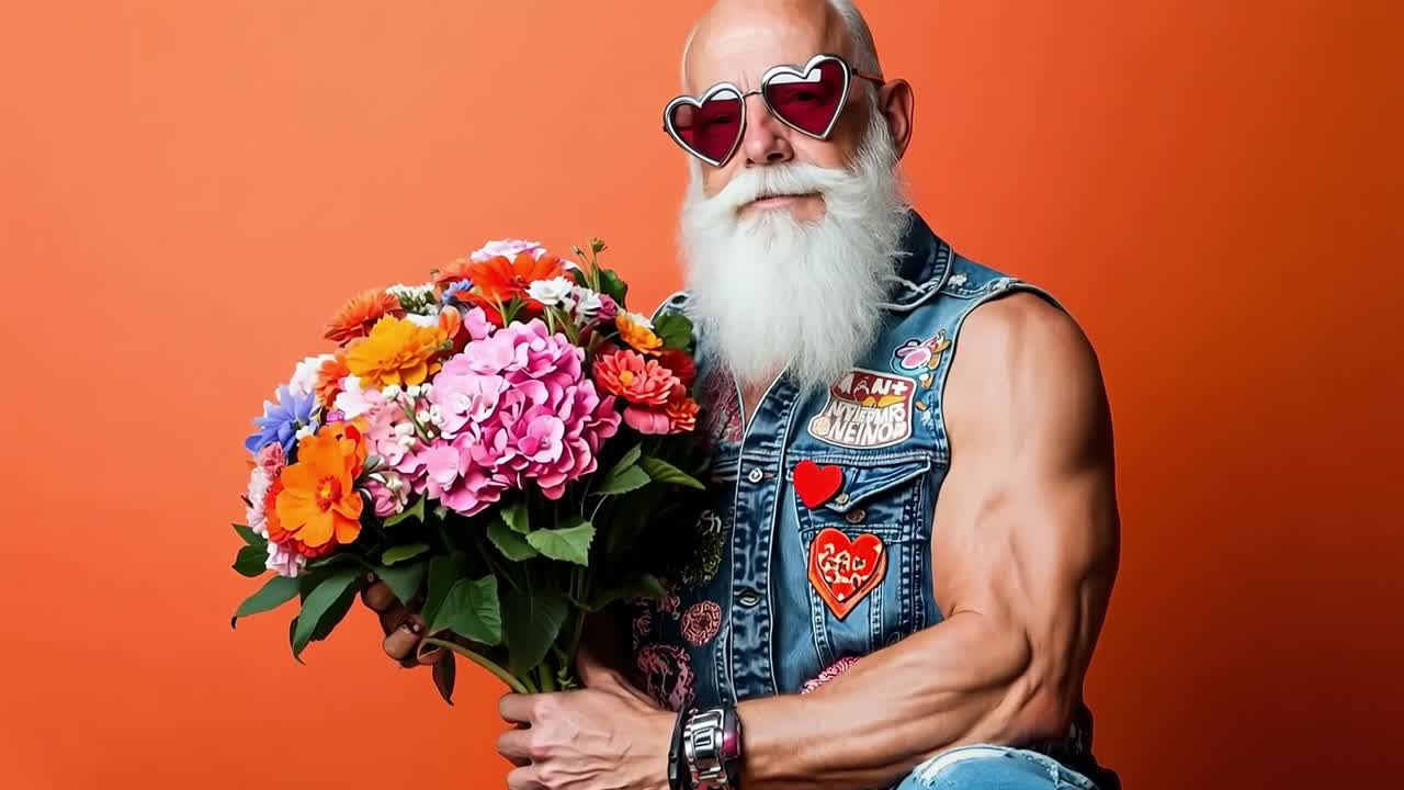 Un uomo con una lunga barba bianca che tiene un mazzo di fiori