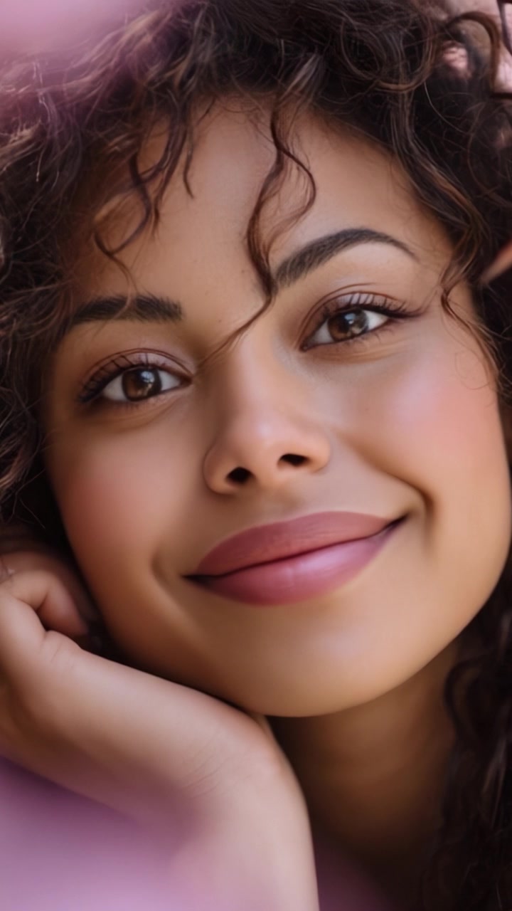 Primo piano accattivante: Una bella donna con capelli ricci che sorride radiantemente e mostra la sua pelle impeccabile e i suoi occhi espressivi su uno sfondo rosa tenue.