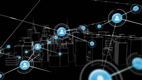 animation of networks of connections with icons over 3d city drawing spinning on black background