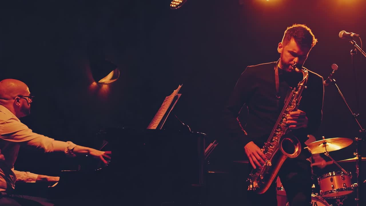 Video optaget fra lav vinkel af et jazzband, der optræder på scenen, med varm belysning og fokus.