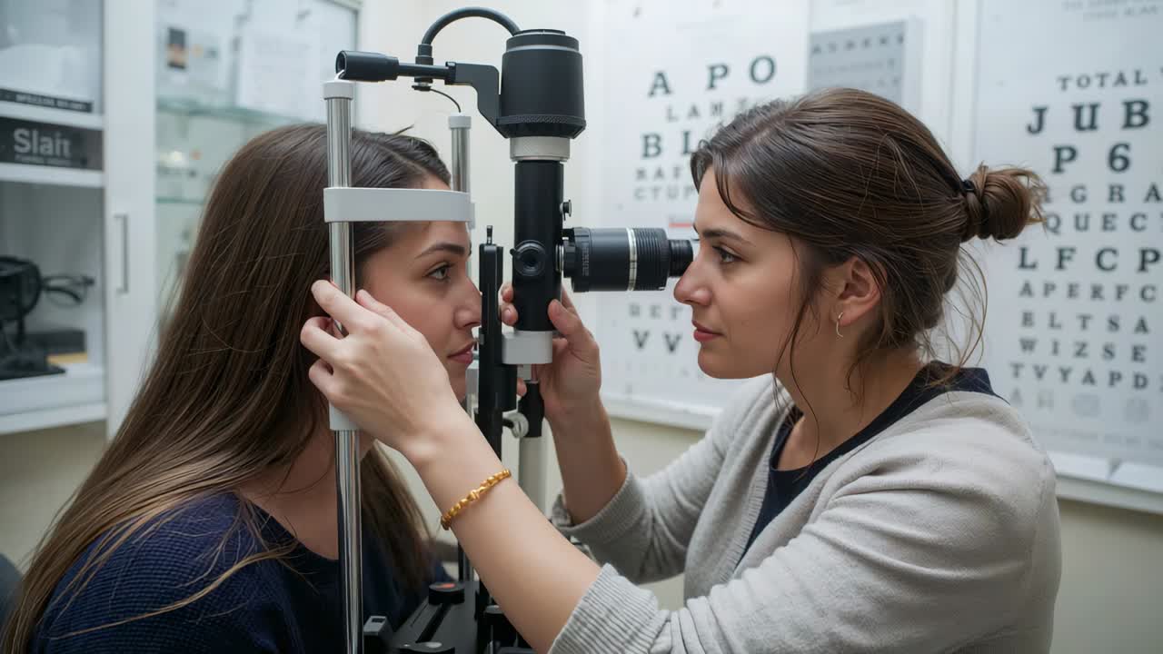 Placing chinrest, doctor steadying head and turning slit-lamp knob, examining eye in clinic