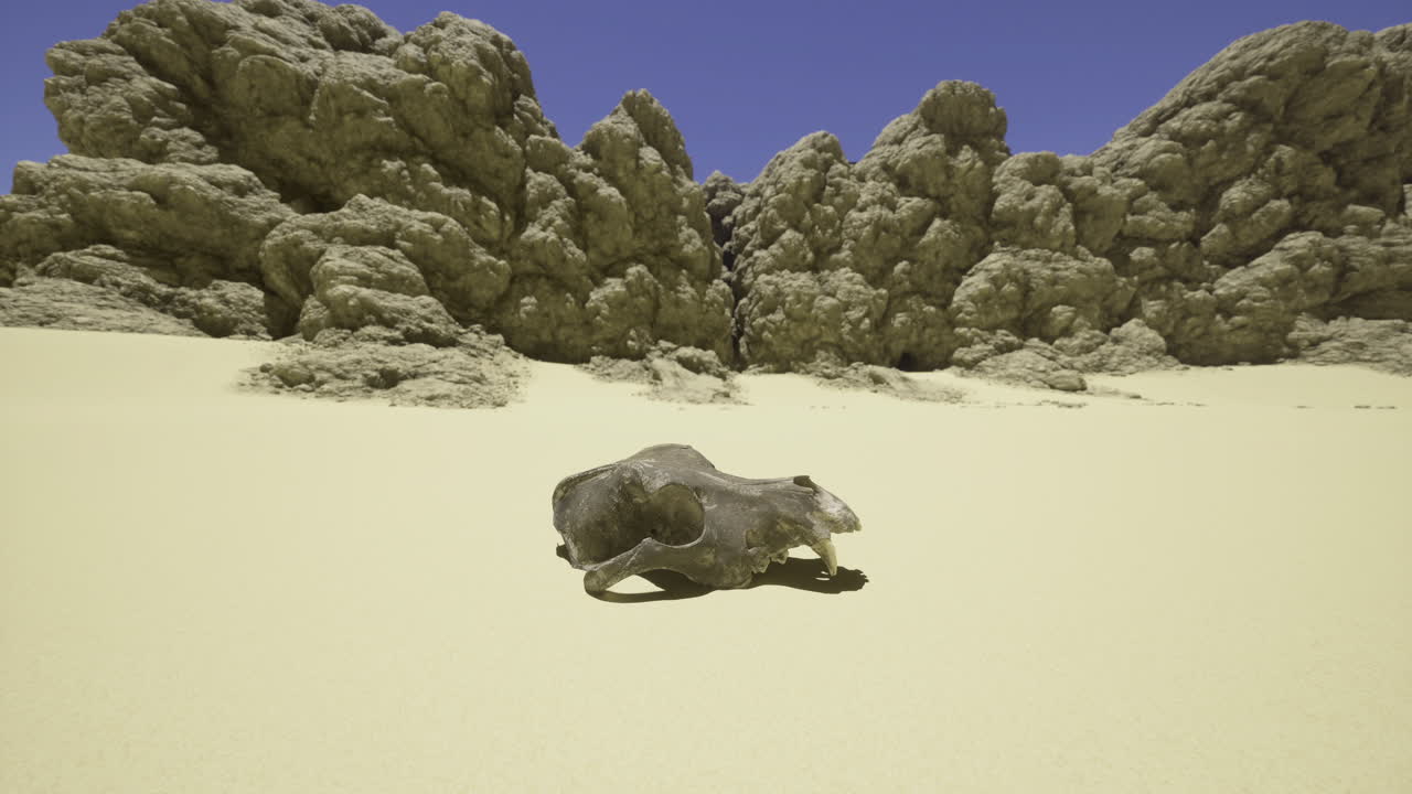Desert landscape featuring an animal skull near rocky formations