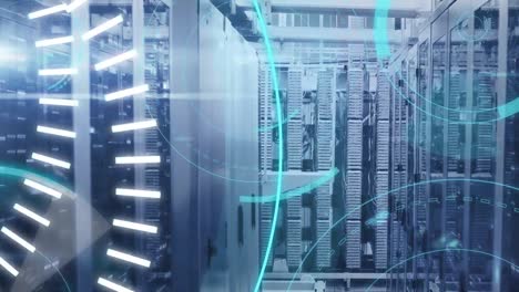 animación del procesamiento de datos y la información digital que fluye a través de la red en una sala de servidores