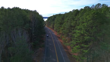 Aerial-footage-of-Highway-76-leading-to-beautiful-Paris-Landing,-located-on-Kentucky-Lake-in-Tennessee