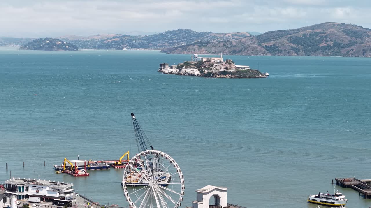 Aerial View pf Alcatraz Island and Prison from Fisherman's Wharf, San Francisco, California USA