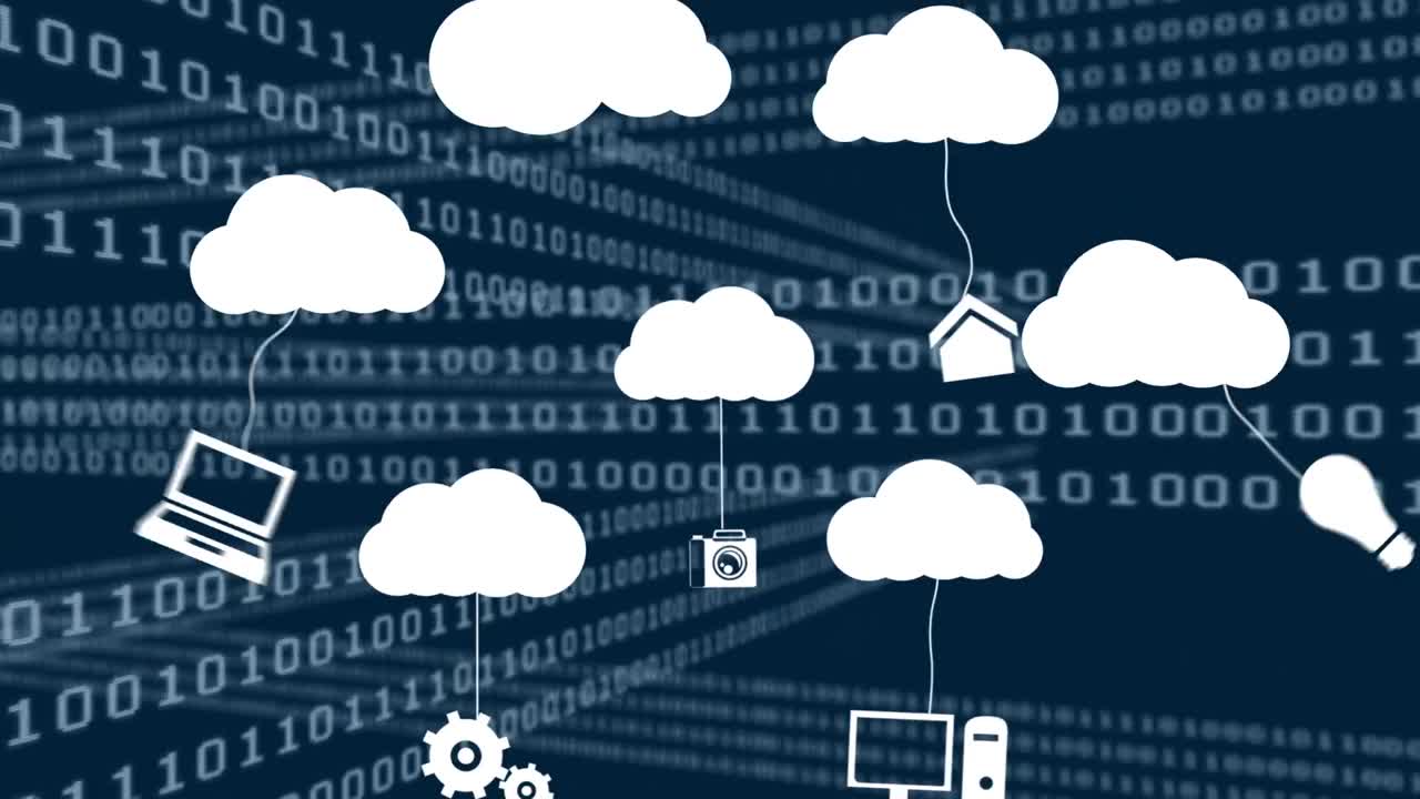 animación de iconos de nubes y procesamiento de datos sobre un fondo oscuro