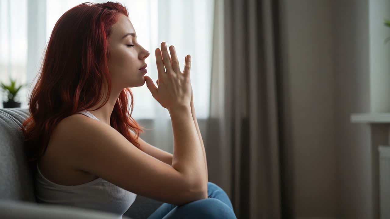 Thoughtful Woman in Natural Light: A Moment of Reflection and Introspection as She Sits on a Couch, Embracing Calmness and Serenity in a Cozy Environment
