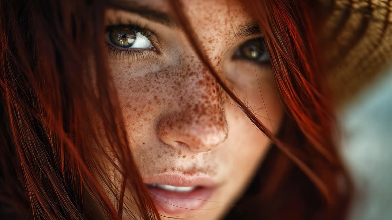 Primo piano accattivante di una giovane donna con lentiggini radiose e occhi verdi intensi, incorniciata da fluenti capelli rossi sotto un cappello di paglia intrecciato