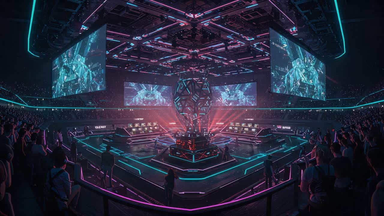 Spectacular E-Sports Arena Featuring High-Tech Visual Displays, Intense Competition Atmosphere, and the Thrill of Gaming in a Packed Stadium Setting
