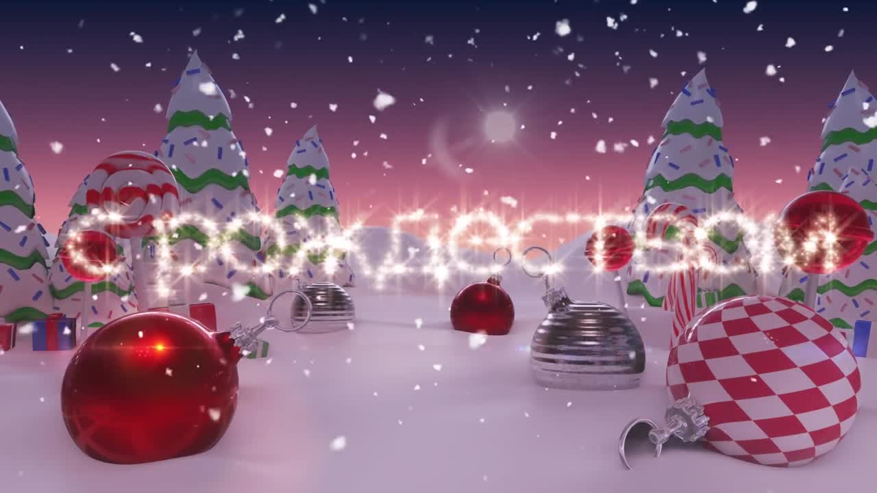 Animation of christmas season's greetings over winter scenery with snow and christmas decorations