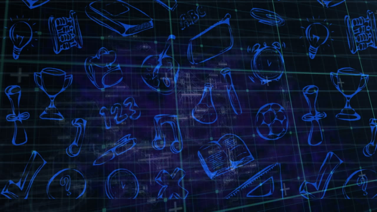 Animation of falling education icons over grid and blue background