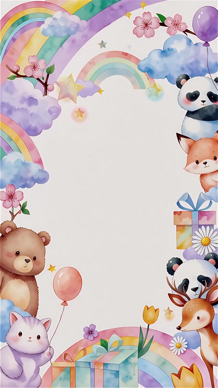 Fundo de Festa de Aniversário com Animais Fofos em Aquarela 4K