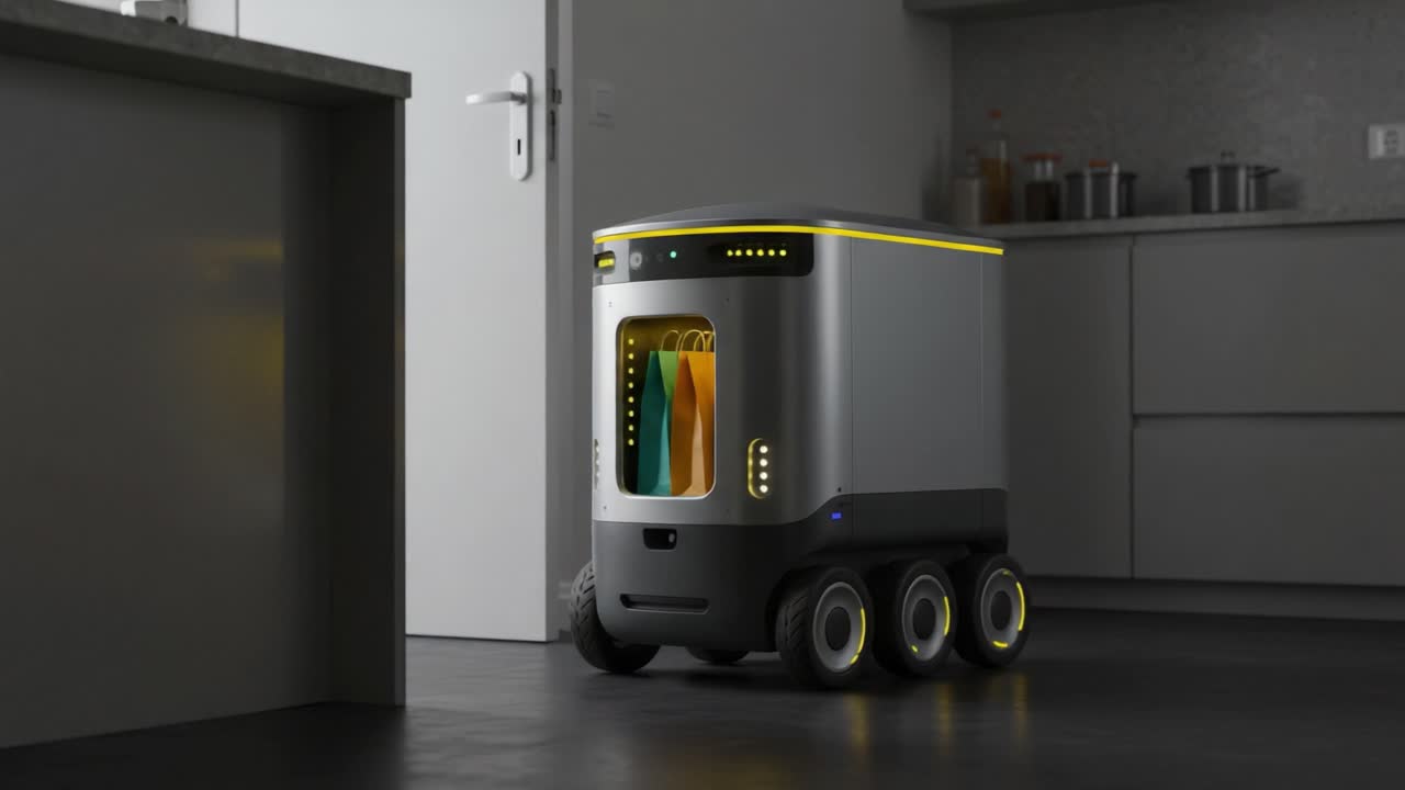 Innovative Delivery Robot Navigating Through a Modern Kitchen Environment, Showcasing Advanced Technology and Design in Everyday Life