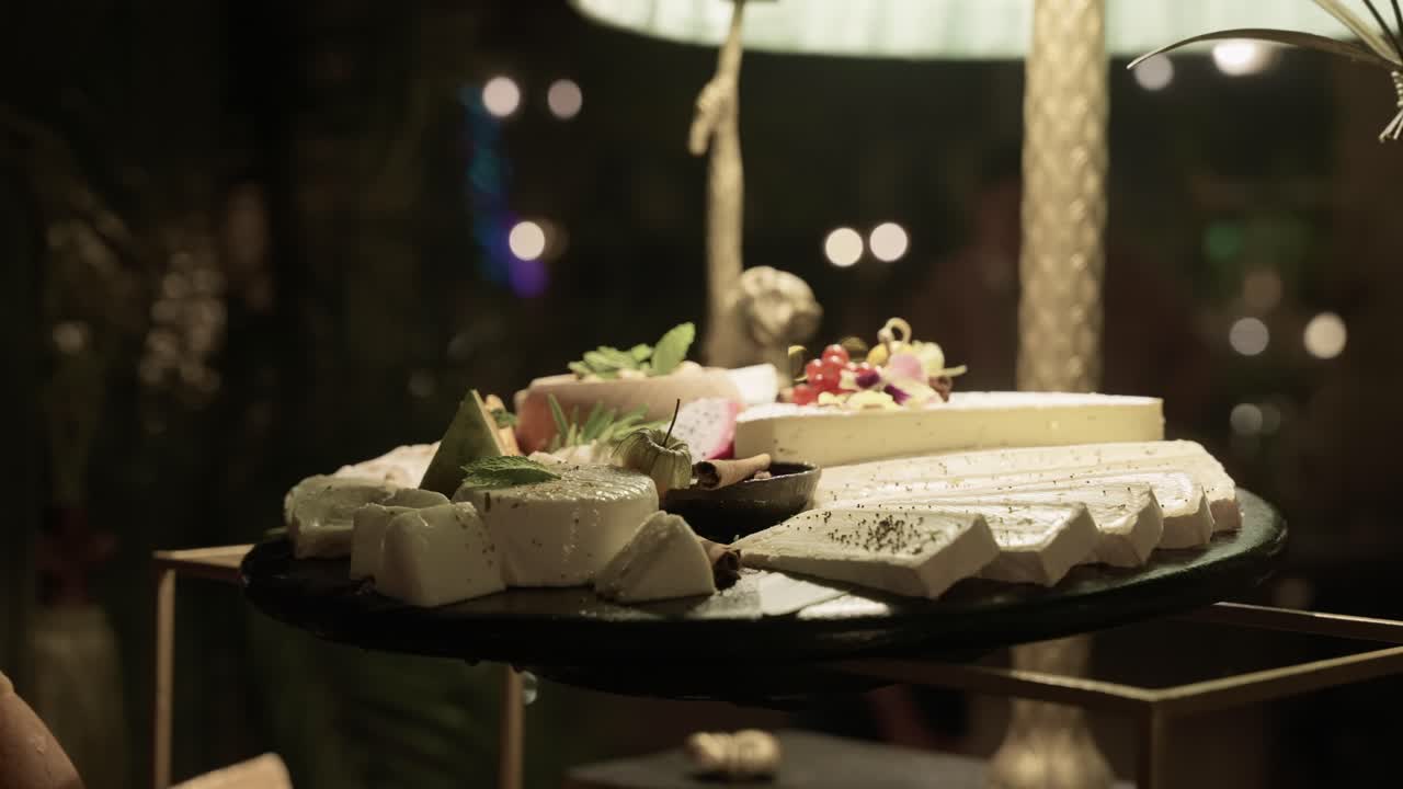 assorted cheese and dessert selection on dark platter with soft evening bokeh lighting