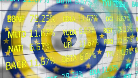 Yellow-stars-on-moving-blue-circles-against-stock-market-data-processing