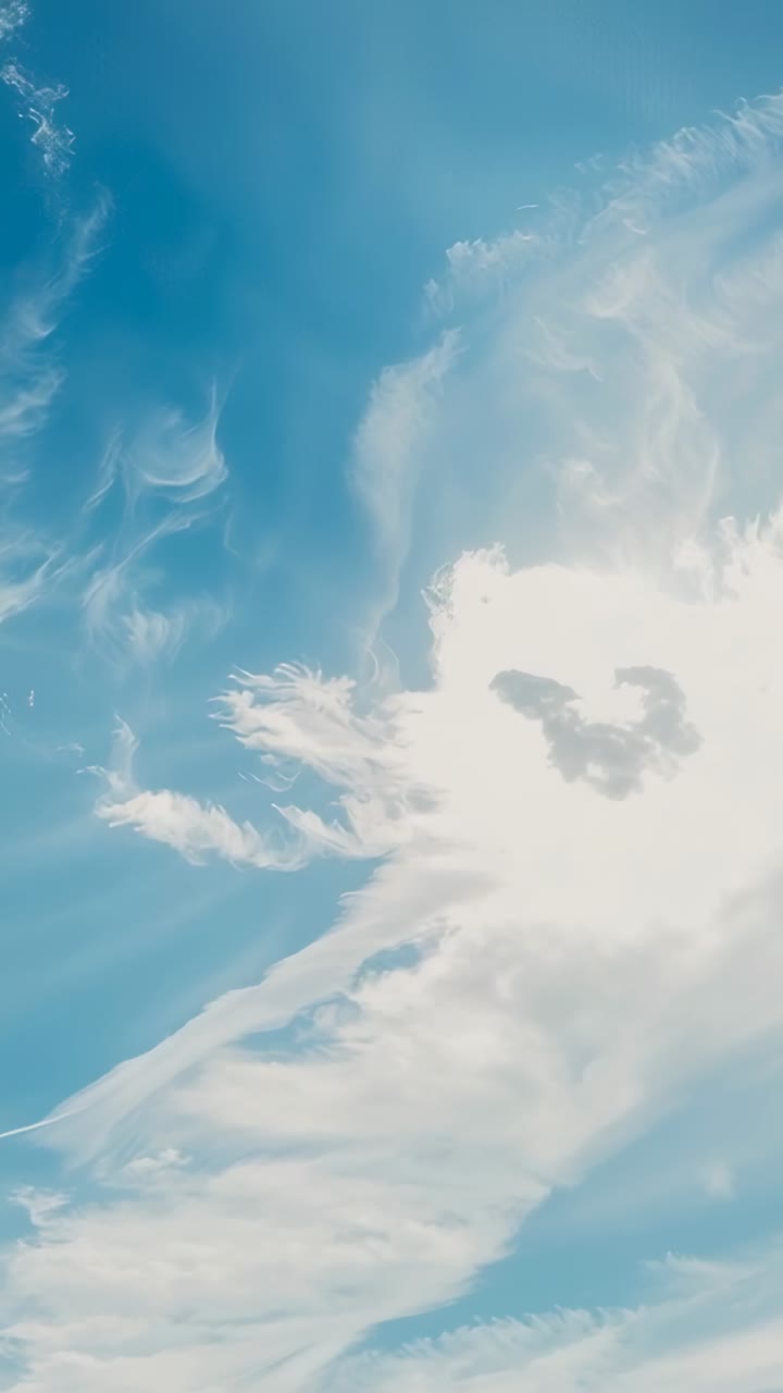 Vertical video: Sunlight illuminating cloud mass as wind carrying cirrus streaks across midday sky