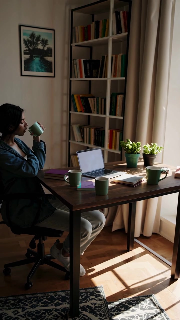 Young Woman Drinking Coffee and Relaxing in Her Home Office