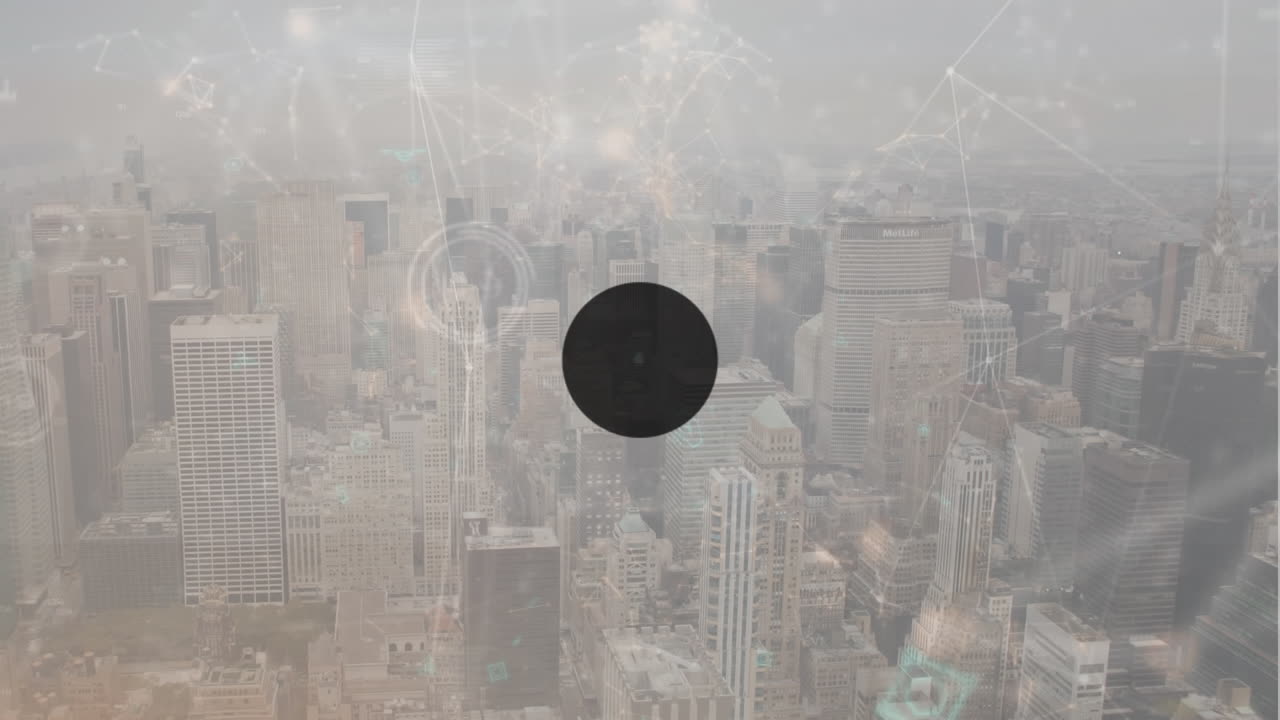 현대 도시 풍경의 공중 시야에 대한 변화하는 숫자에 대한 연결된 아이콘의 애니메이션