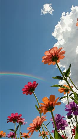 low-angle shot of colorful flowers against a blue sky with clouds and a rainbow, creating a vibrant