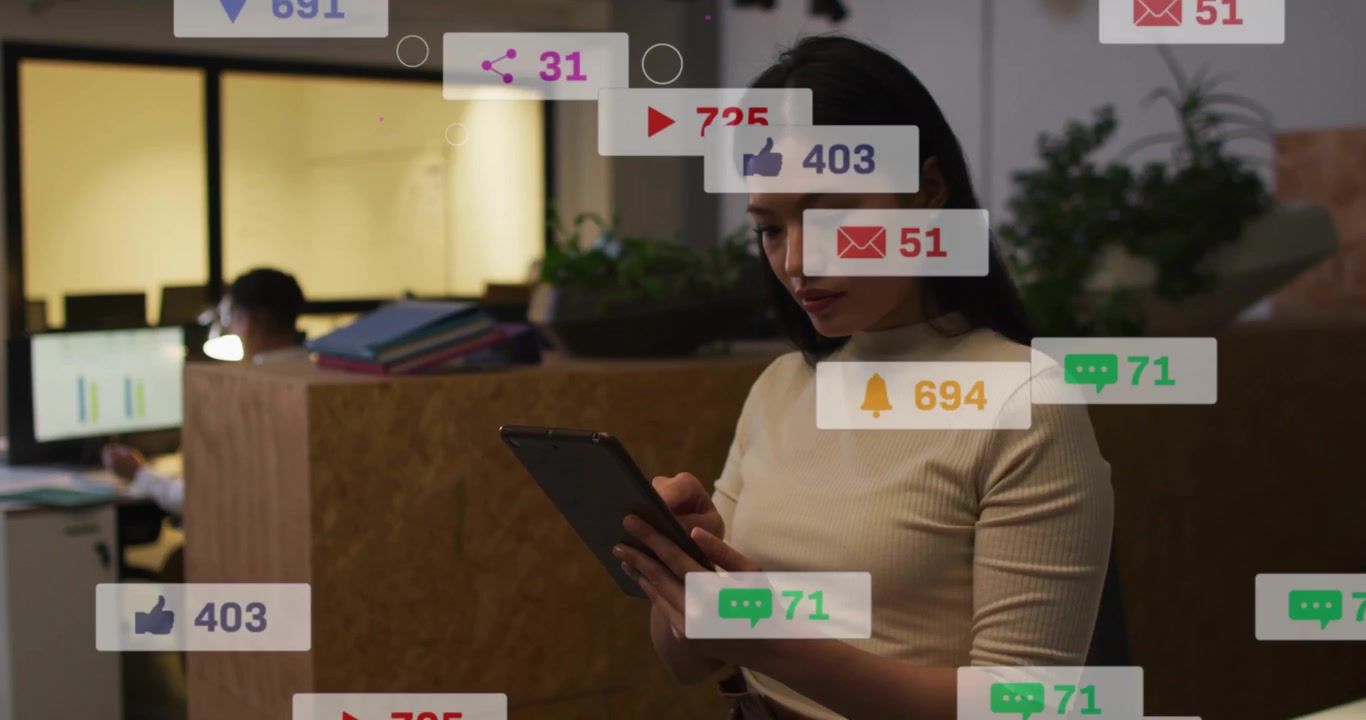 Woman tapping tablet in marketing office, multiplying likes, settling as share icons, tracking KPIs