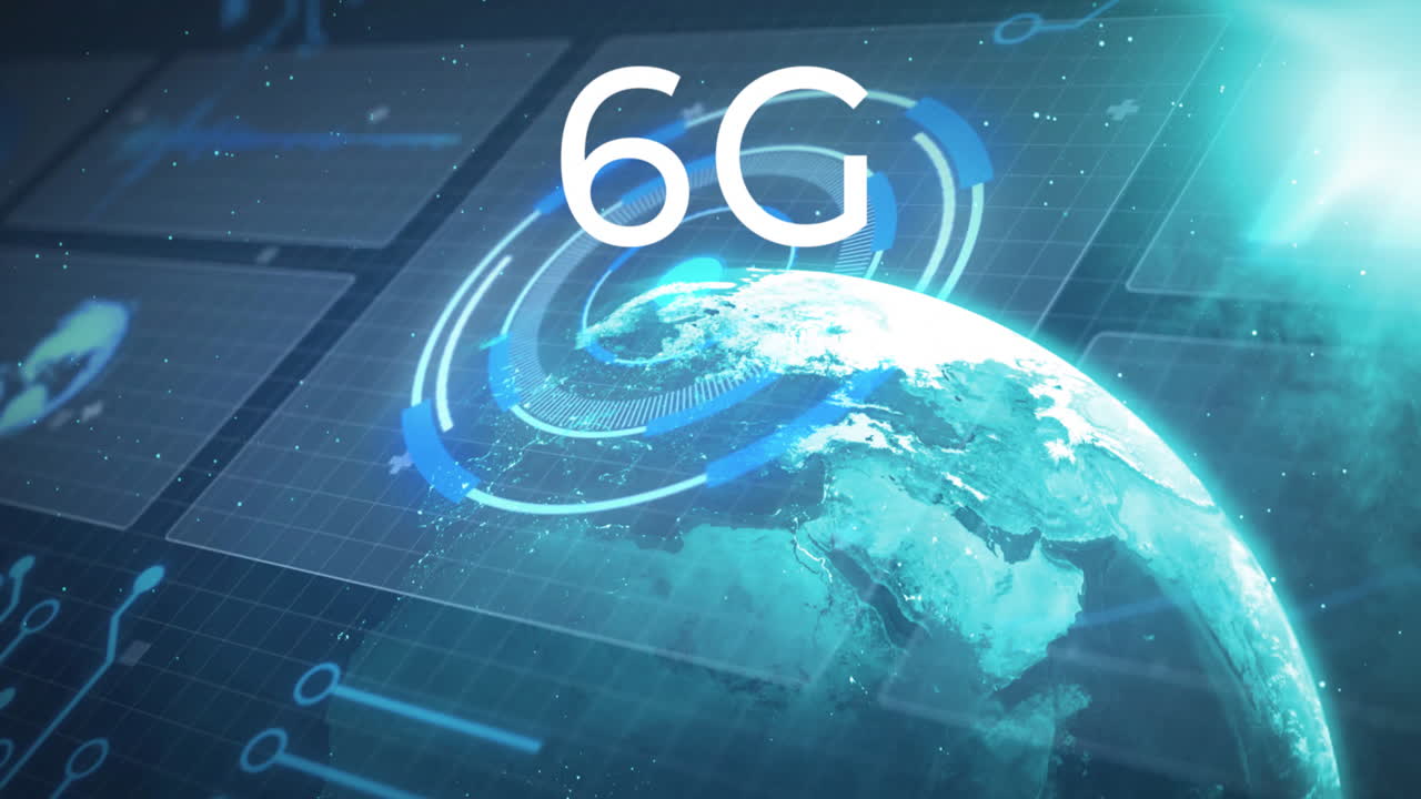 Animation of digital globe with futuristic interface elements for 6G technology concept