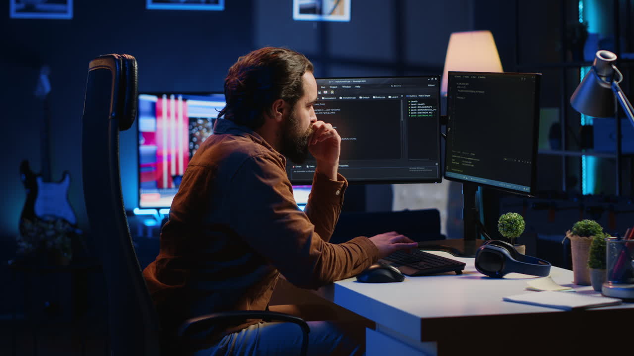 Programmer developing code on computer screen while in personal office