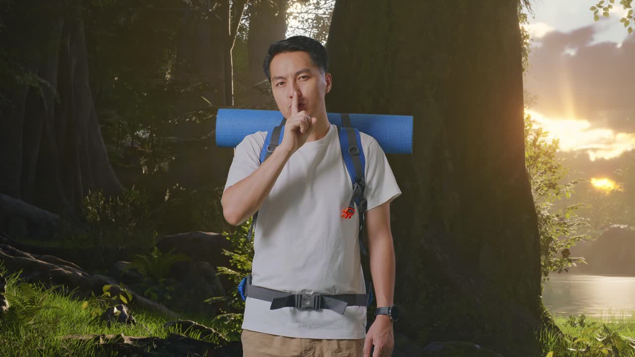 산악 배 을 들고 카메라 를 바라보며 숲 의 자연 을 탐험 하는 동안 shh 제스처 를 하는 아시아인 남자 산책자