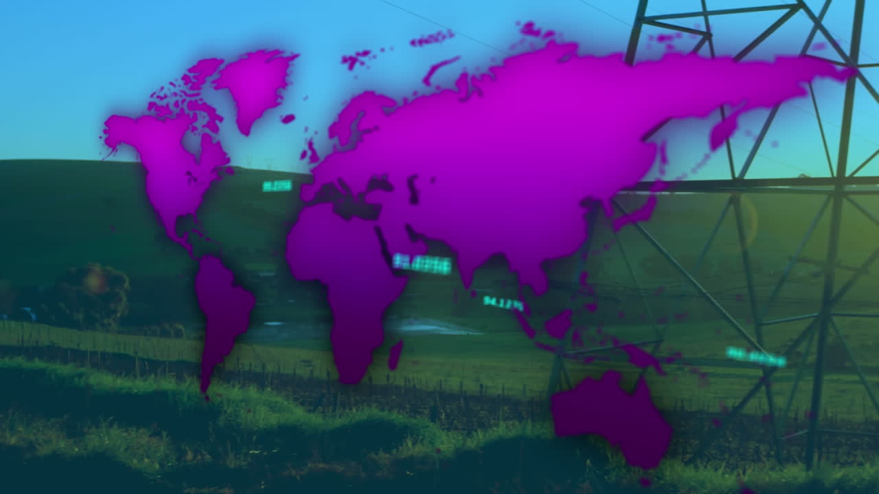 Animation of numbers floating over map against transmission tower on green field