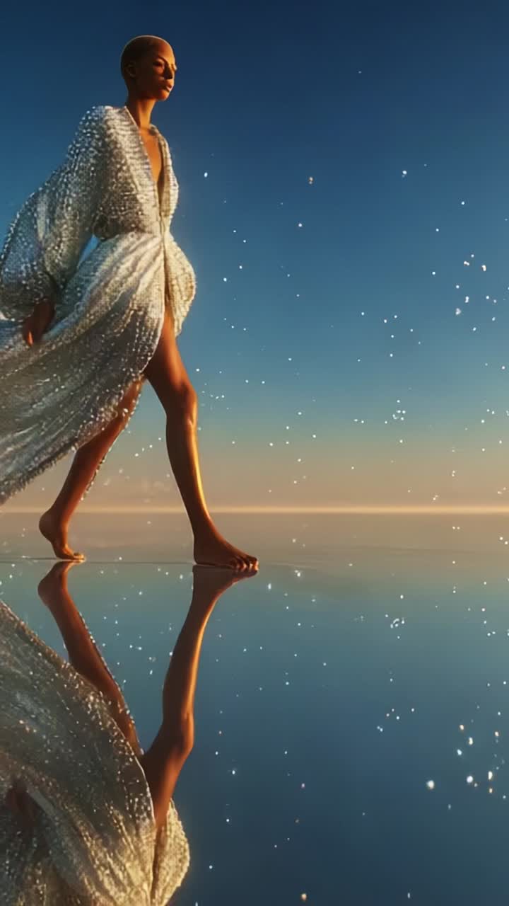 A model elegantly walks across a reflective surface, enveloped in a stunning shimmering outfit against a mesmerizing twilight sky filled with sparkles
