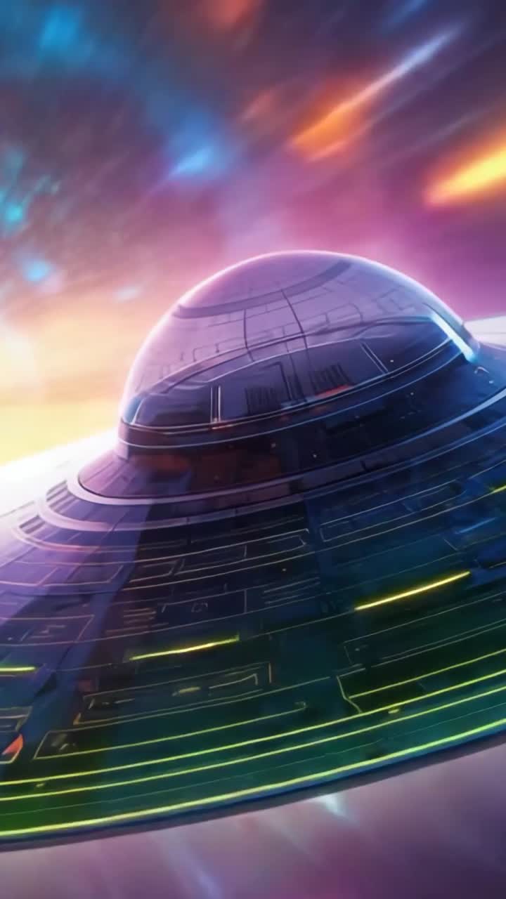 Vertical video: Emerging saucer gliding through nebula clouds, pulsing neon circuits to power up