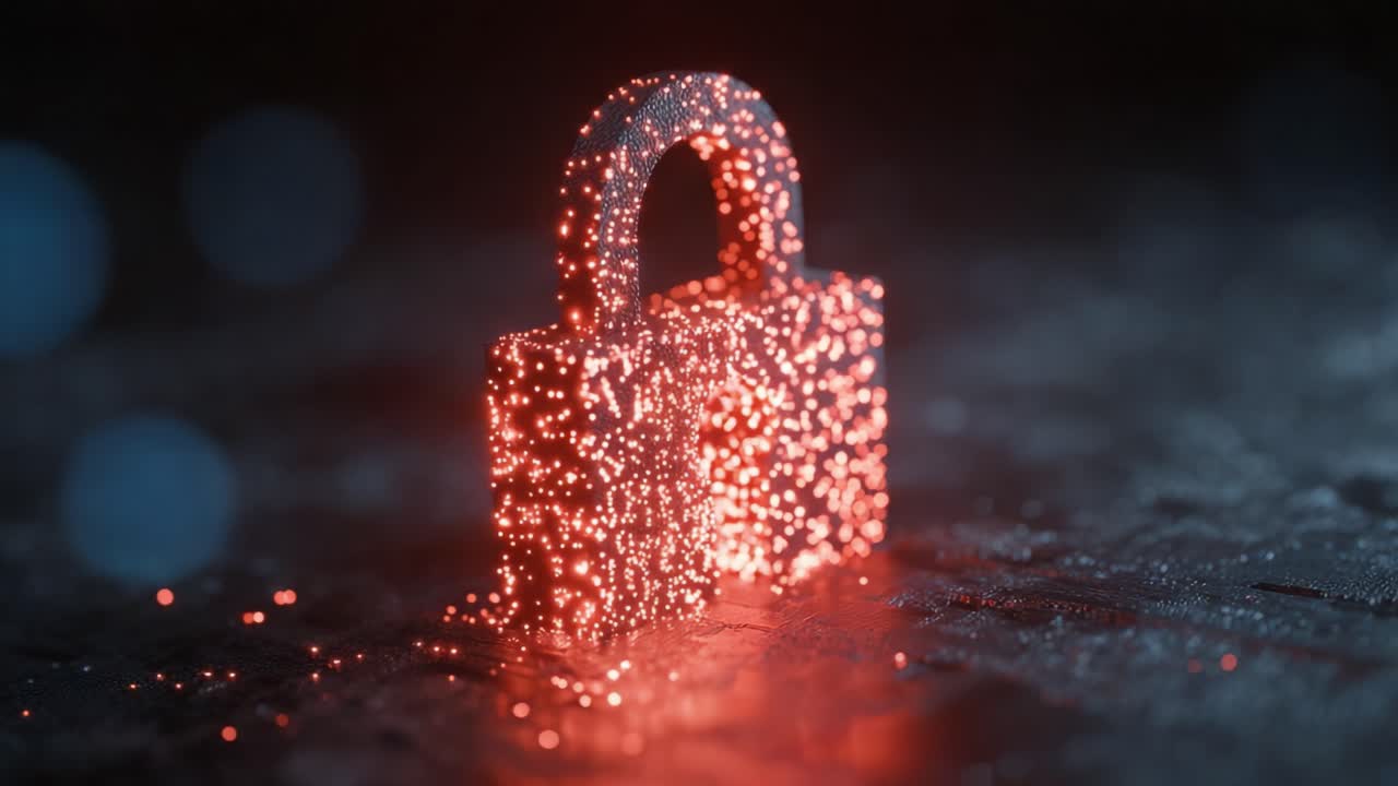A mesmerizing digital representation of a glowing padlock, symbolizing security and protection, with vibrant particles illuminating the surrounding space, showcasing innovation in technology