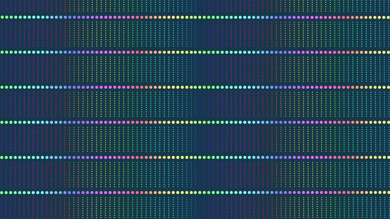 A vibrant grid of colored dots in various hues creates a rainbow effect. Arranged in a checkerboard pattern, they alternate between light and dark shades, forming a visually striking composition