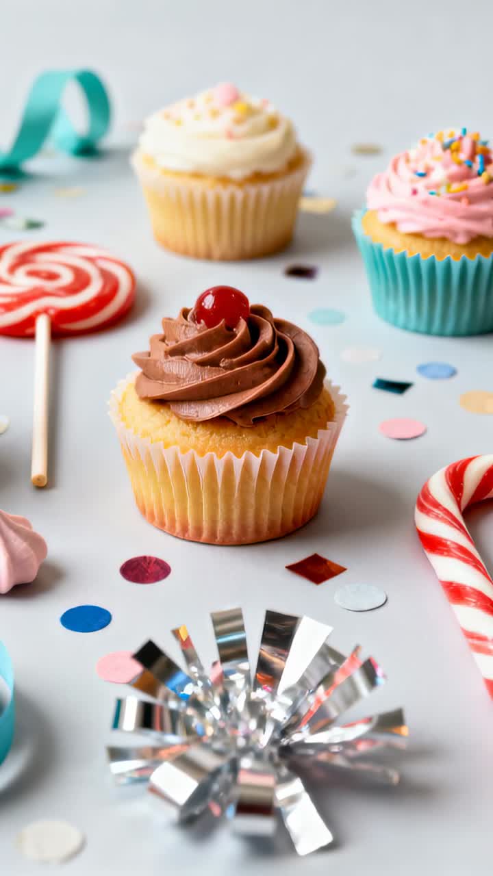 Video verticale: Telecamera che avanza verso un cupcake centrale che cresce sul tavolo, con un lecca-lecca per enfasi.
