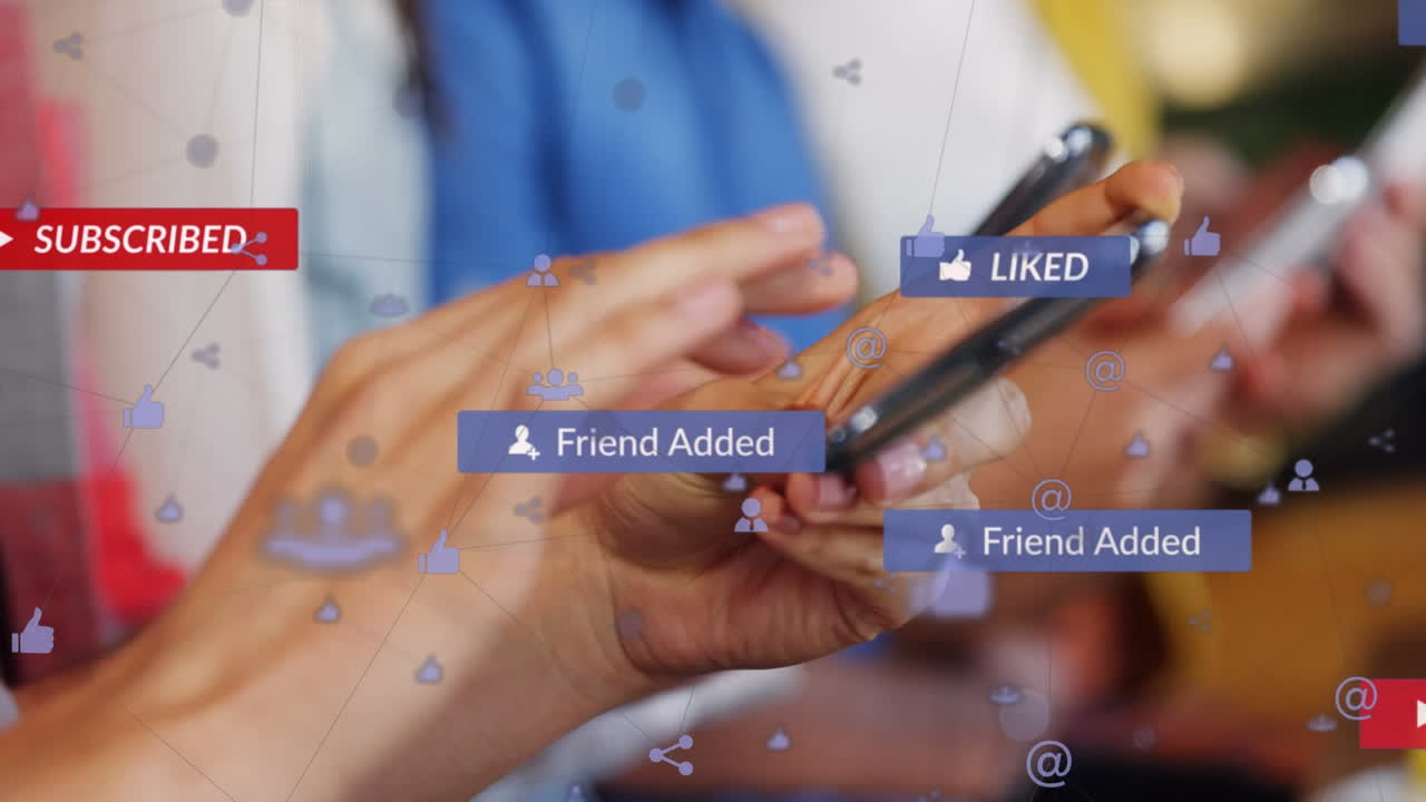Animation of network of connections with icons over caucasian person using smartphone