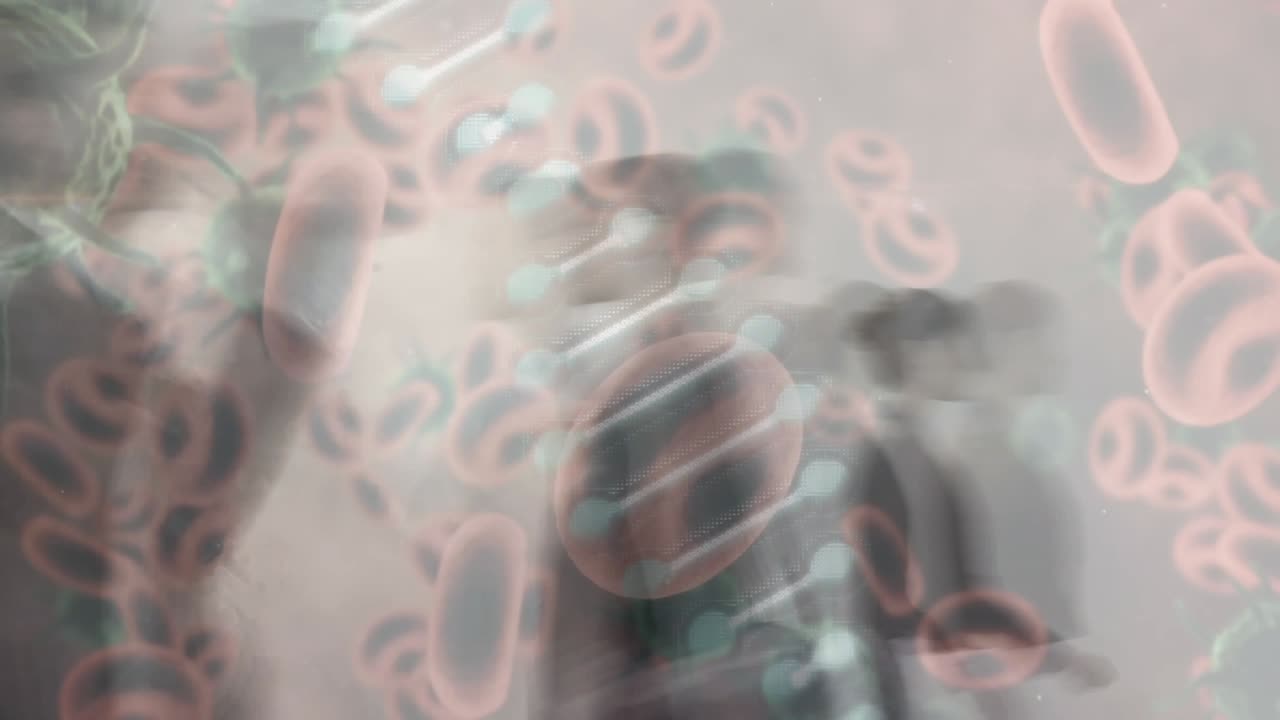 Animace virových buněk a vlákna DNA nad kráčejícími obchodníky