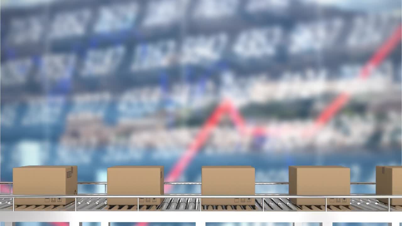 창고에서 컨베이어 벨트에서 움직이는 패키지의 애니메이션