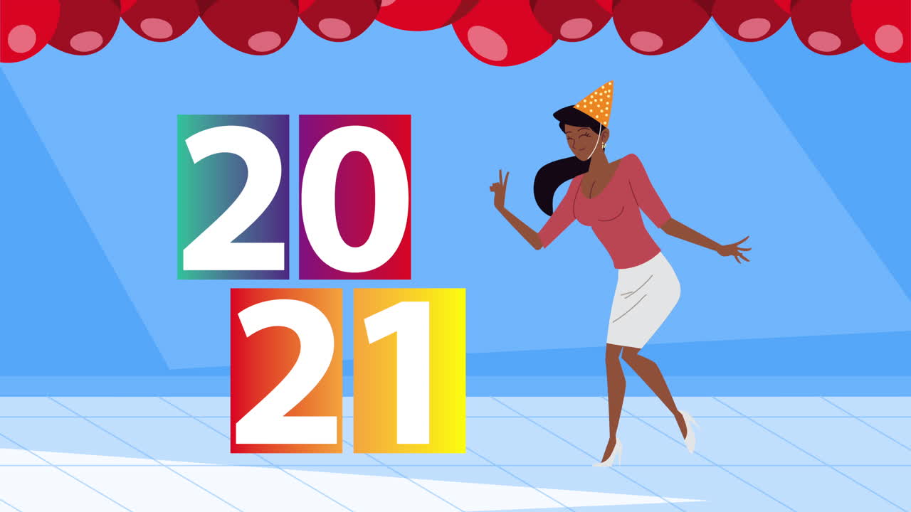 새해 축하 2021 숫자와 아프로 여성 축하