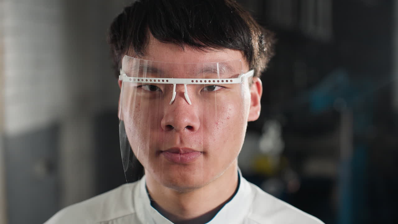 primer plano de un técnico de laboratorio que lleva una bata blanca de laboratorio y un escudo protector para la cara, parpadeando con una expresión audaz, entorno industrial con fondo borroso, iluminación suave