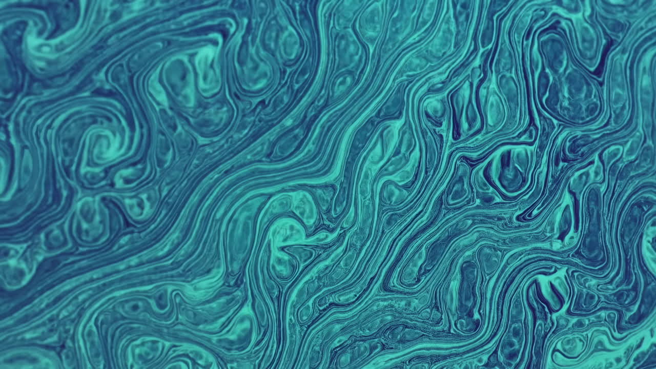Teal Marbled Fluid Waves Flowing Over Closeup Textured Surface, Slow Motion Swirl Patterns In Turquoise