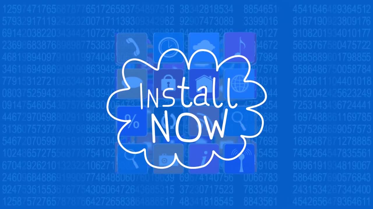 파란색 배경에 바이너리 코딩을 통해 이제 설치 텍스트와 아이콘의 애니메이션