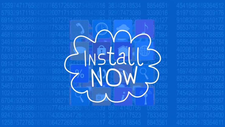 Animazione di testo "installa ora" e icone su codifica binaria su sfondo blu