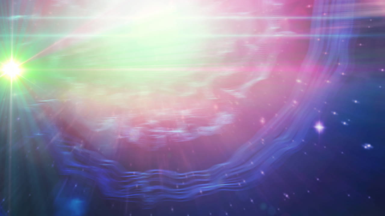 분홍색과 보라색 우주에 빛나는 초록색 반점과 별의 애니메이션