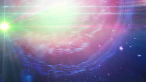 animación de manchas verdes brillantes y estrellas en el universo rosa y púrpura