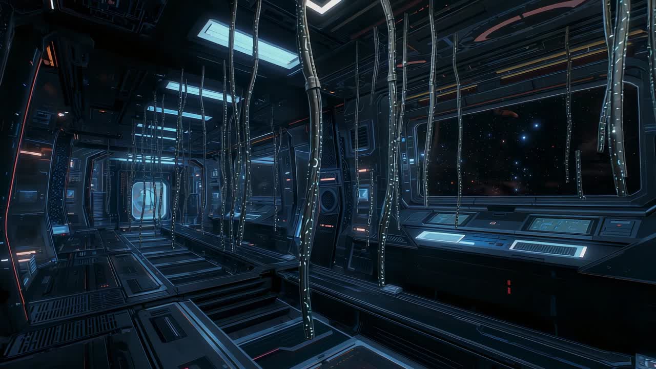 Camera panning corridor revealing bioluminescent cables LED lighting control panels and starfield